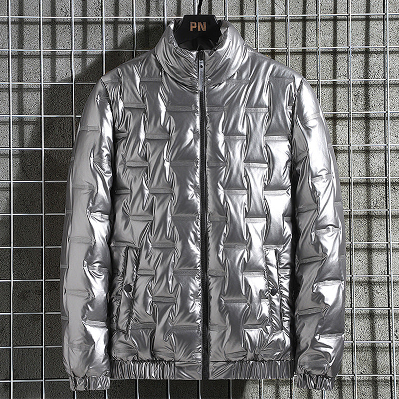 Męski metallic pikowany thermally ocieplany down kurtka z high kołnierz ze stójką