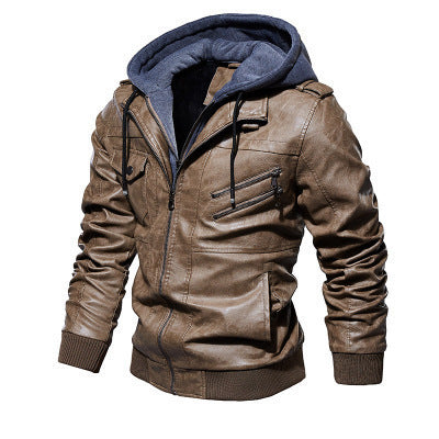 Męski imitacja skóry flight kurtka z integrated kaptur layer, zippered kieszeń na piersi, i prążkowane mankiety