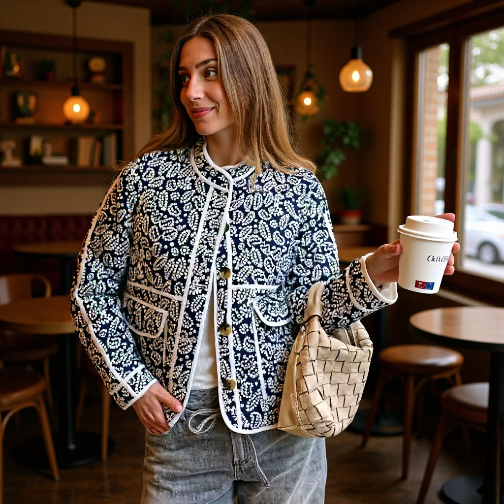 Damska pikowana transitional kurtka withze stójką, paisley print i contrasting piping Lumaza