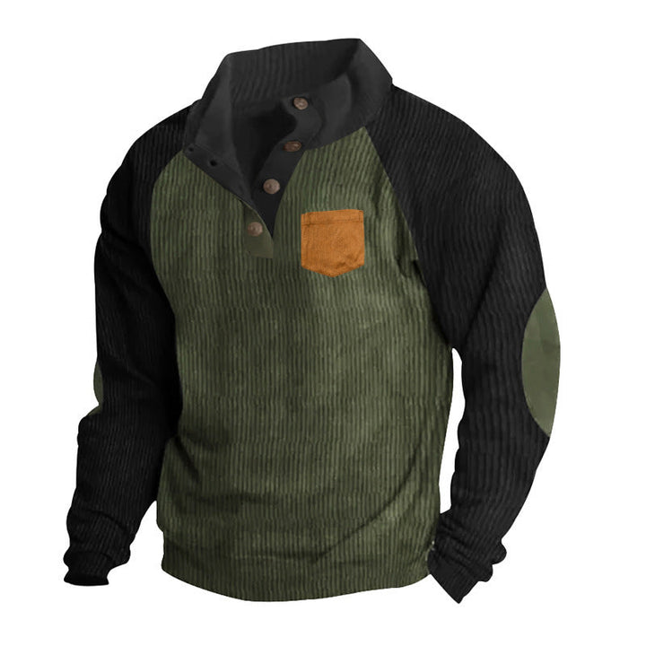 Męska Prążkowany Henley Sweter z Raglanowy Rękawy, Elbow Patches &amp; Klatka piersiowa Kieszeń