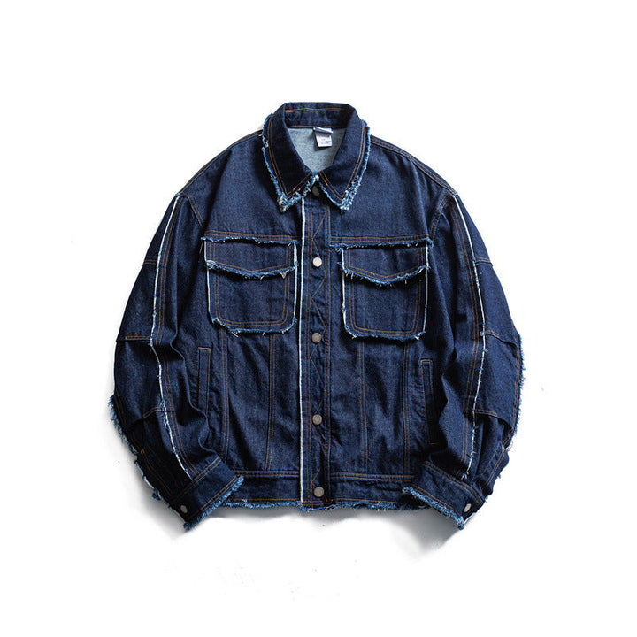 Męska oversize jeansy kurtka z Frayed Edges i Large kieszeniami z patkami