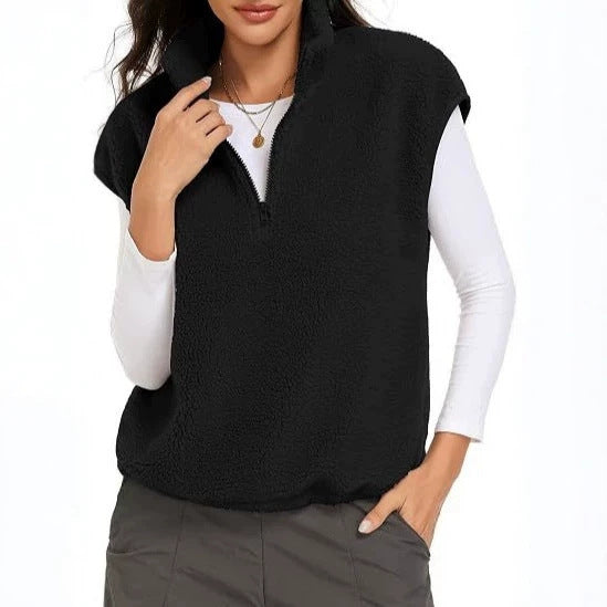 Damskie Sleeveless Teddy Polar Kamizelka z Half Zamek i Stójka