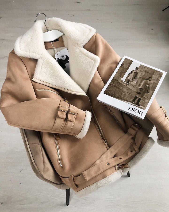 Damska oversize imitacja skóry Pilot kurtka z Teddy Fur Lining i Buckles Lumaza