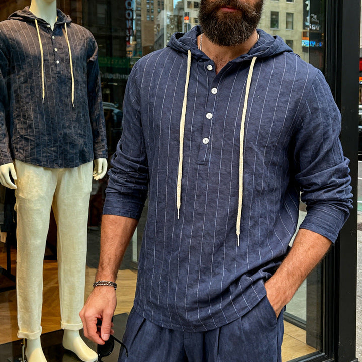 Męska len mieszanka bluza z kapturem koszula z half Listwa guzikowa i pinstripes