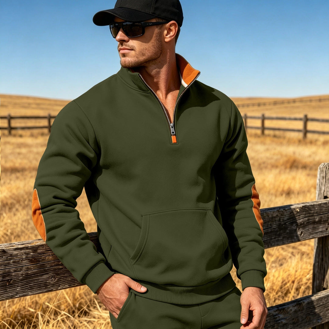 Męska Athletic Krótki zamek Bluza z Elbow Patches i Kieszeń kangurka