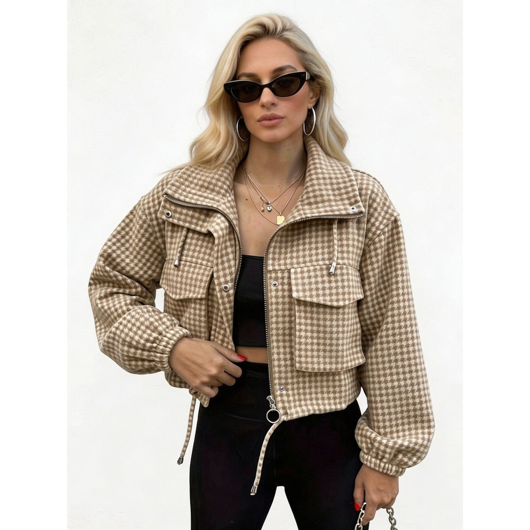 Damska Checkered krótka kurtka z stójka kołnierzem, ściągaczem i Elastic Cuffs Lumaza