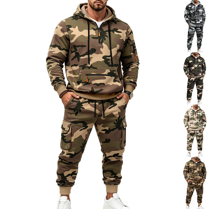 Męska Camouflage Bluza z kapturem Bluza i Jogging Spodnie Set z Cargo Kieszenie i Zippers