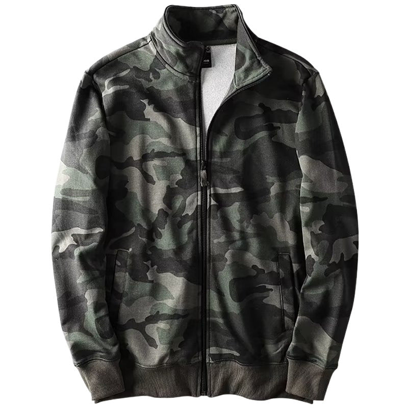 Męski Camouflage Bawełna Polar Zamek Kurtka z Stójka i Ribbed Mankiety