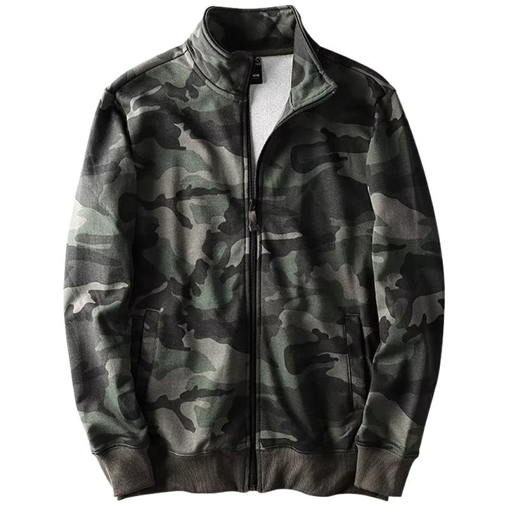 Męski Camouflage Bawełna Polar Zamek Kurtka z Stójka i Ribbed Mankiety