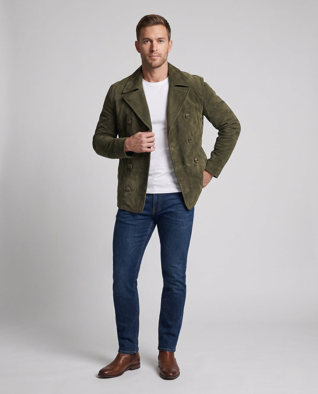 Męska double-breasted zamsz kurtka z notched lapels