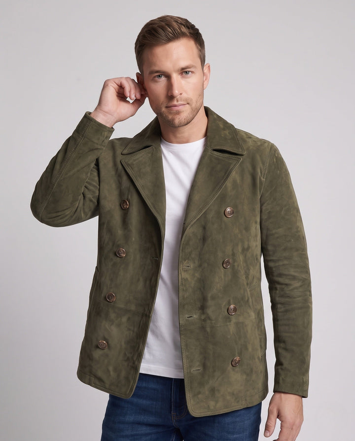 Męska double-breasted zamsz kurtka z notched lapels