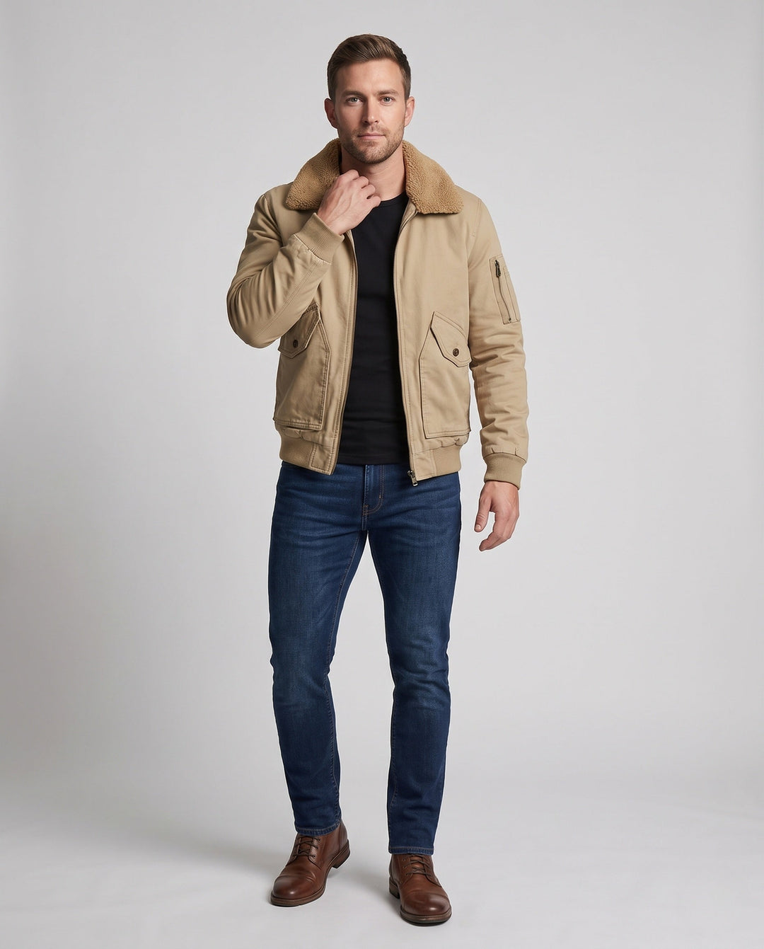 Męska canvas aviator kurtka z sherpa kołnierzem i teddy fleece lwwg