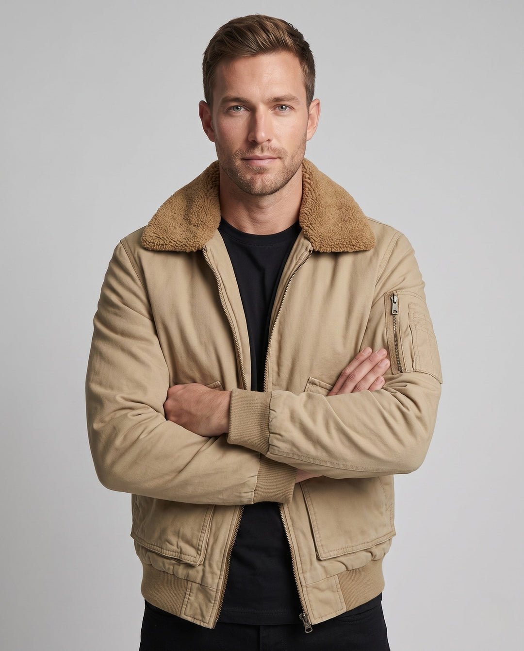 Męska canvas aviator kurtka z sherpa kołnierzem i teddy fleece lwwg