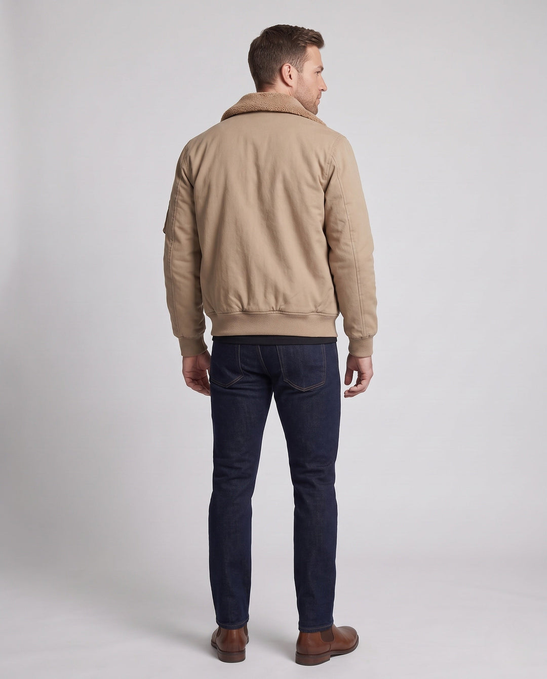 Męska canvas pilot kurtka z contwuous teddy lwwg, utility arm kieszenią, i prążkowany dół
