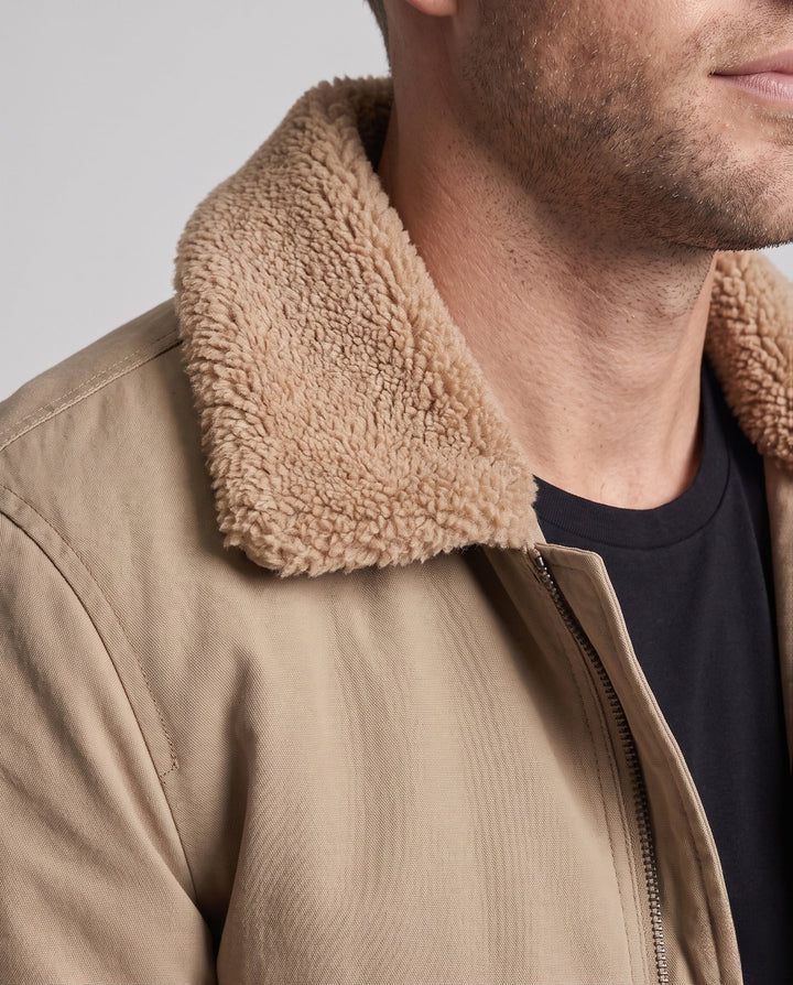 Męska canvas pilot kurtka z contwuous teddy lwwg, utility arm kieszenią, i prążkowany dół