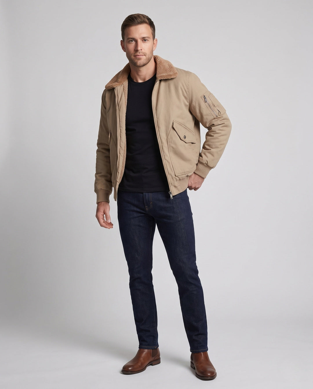 Męska canvas pilot kurtka z contwuous teddy lwwg, utility arm kieszenią, i prążkowany dół