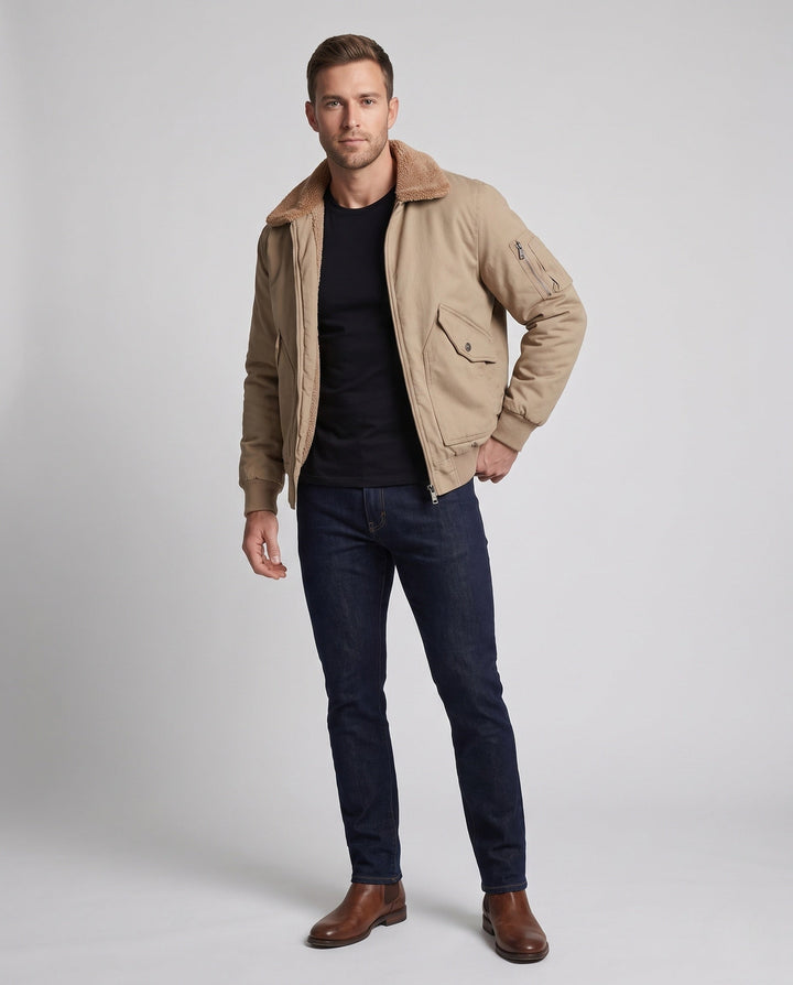 Męska canvas pilot kurtka z contwuous teddy lwwg, utility arm kieszenią, i prążkowany dół