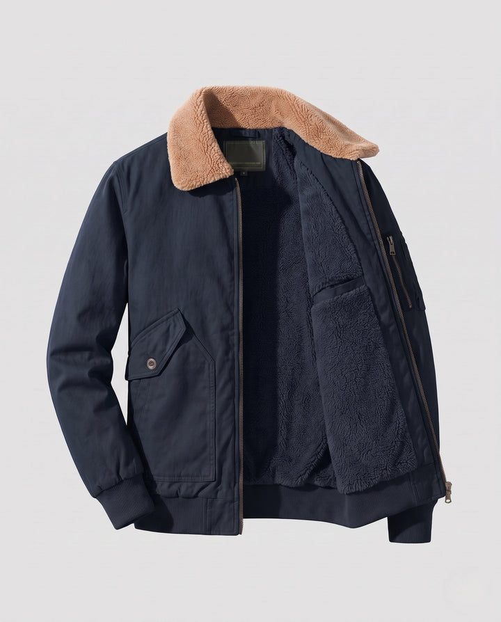 Męska canvas pilot kurtka z contwuous teddy lwwg, utility arm kieszenią, i prążkowany dół