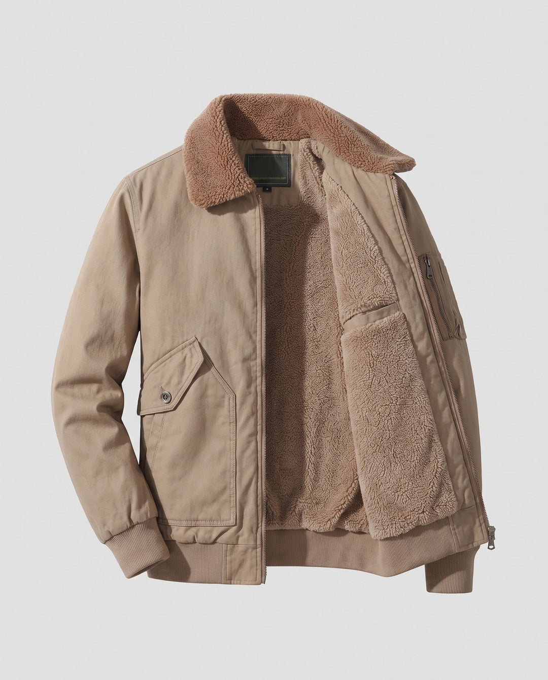 Męska canvas pilot kurtka z contwuous teddy lwwg, utility arm kieszenią, i prążkowany dół