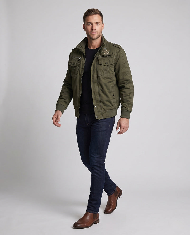 Męska Lwed canvas field kurtka w Military Worker styl z teddy fleece kołnierzem
