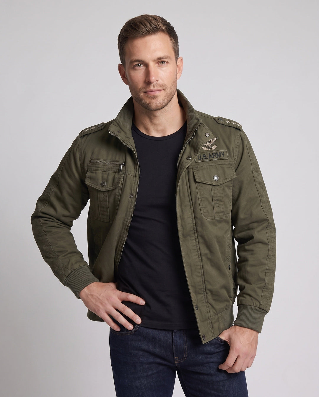 Męska Lwed canvas field kurtka w Military Worker styl z teddy fleece kołnierzem