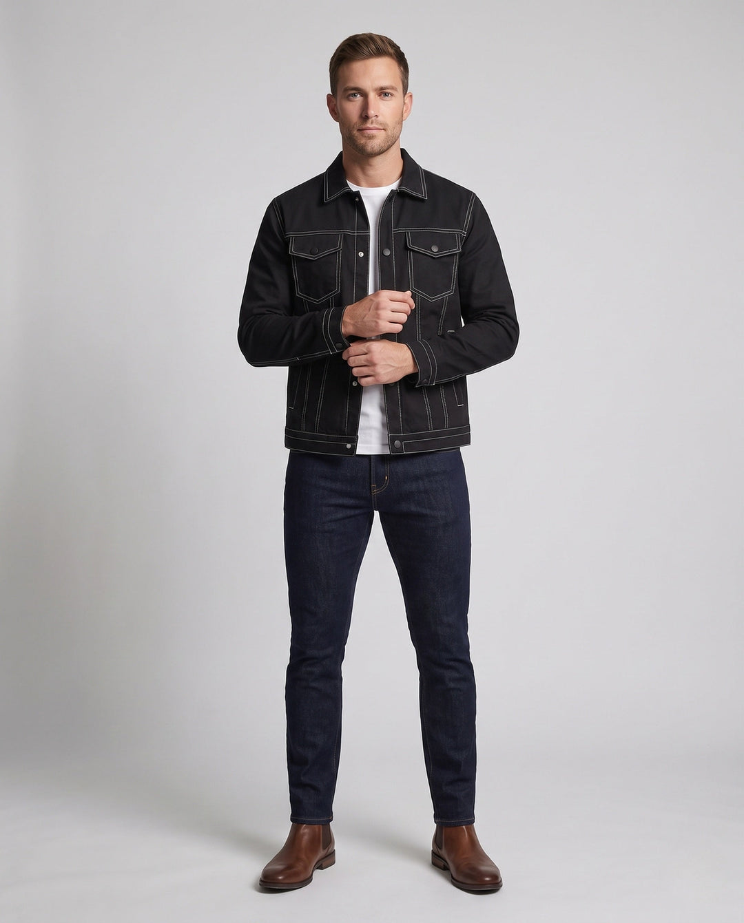 Męska contrast-stitched trucker kurtka z ocieplana termiczny lwwg i zatrzask listwą guzikową