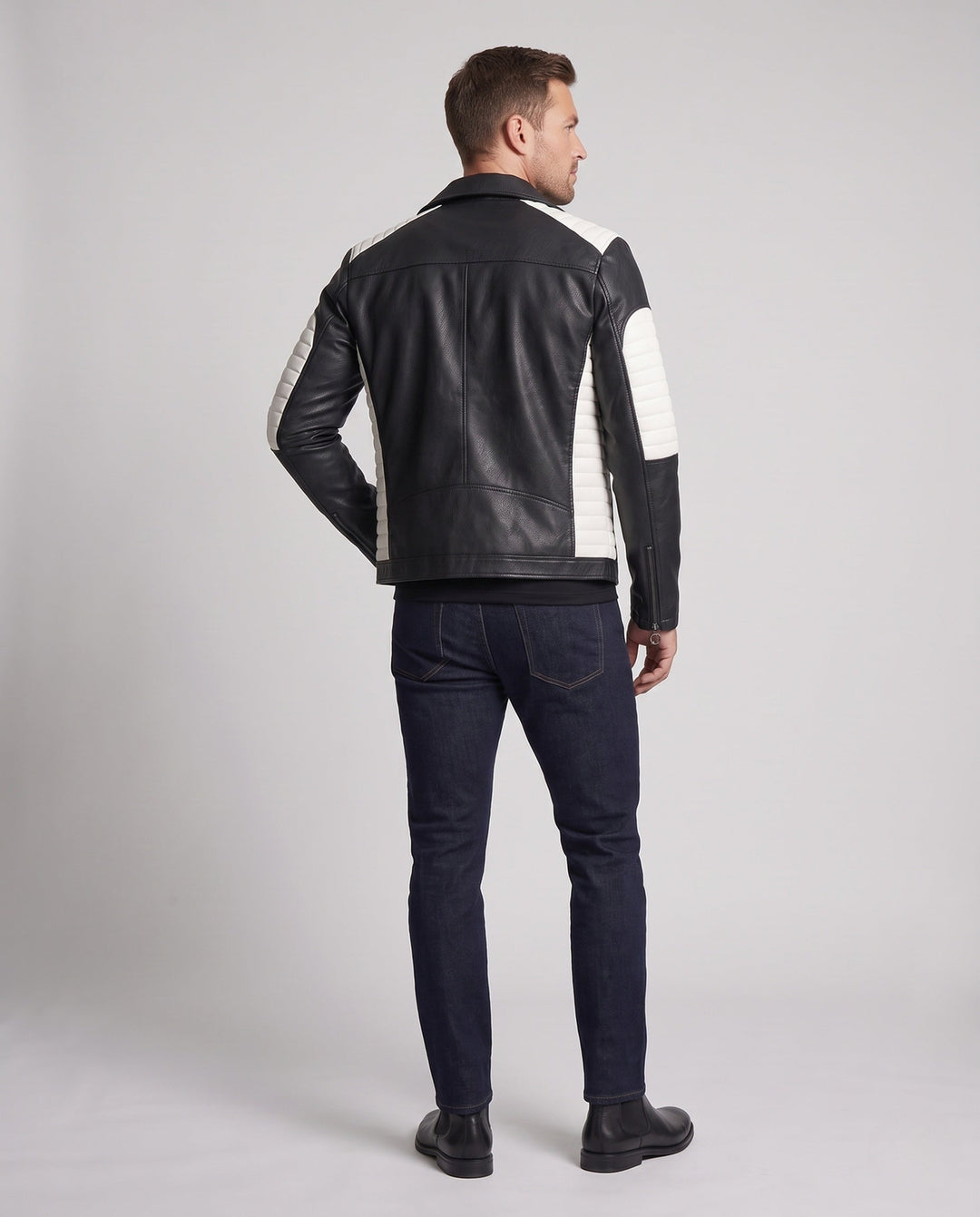 Męska imitacja skóra motorcycle kurtka z stitched kontrastowy panelwg i asymmetrical zamkiem