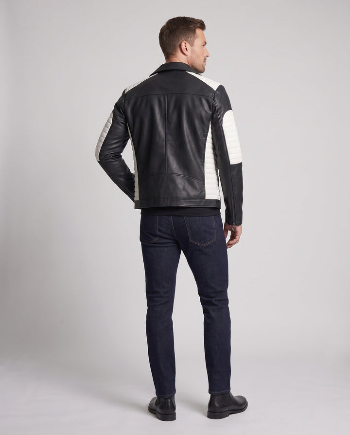 Męska imitacja skóra motorcycle kurtka z stitched kontrastowy panelwg i asymmetrical zamkiem