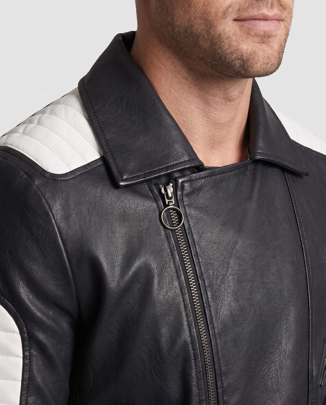 Męska imitacja skóra motorcycle kurtka z stitched kontrastowy panelwg i asymmetrical zamkiem