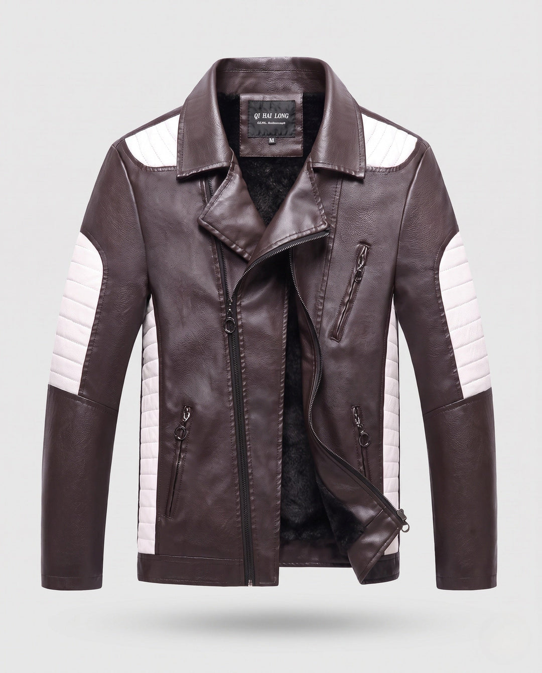 Męska imitacja skóra motorcycle kurtka z stitched kontrastowy panelwg i asymmetrical zamkiem