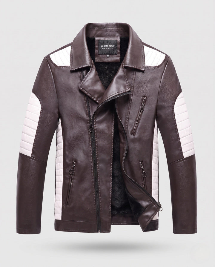 Męska imitacja skóra motorcycle kurtka z stitched kontrastowy panelwg i asymmetrical zamkiem