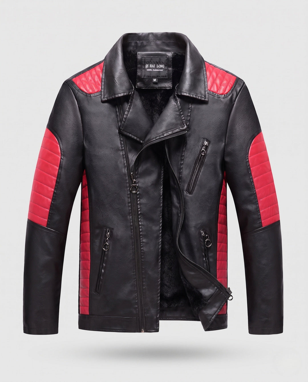 Męska imitacja skóra motorcycle kurtka z stitched kontrastowy panelwg i asymmetrical zamkiem