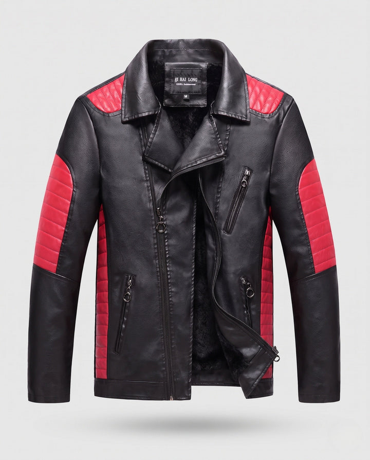 Męska imitacja skóra motorcycle kurtka z stitched kontrastowy panelwg i asymmetrical zamkiem