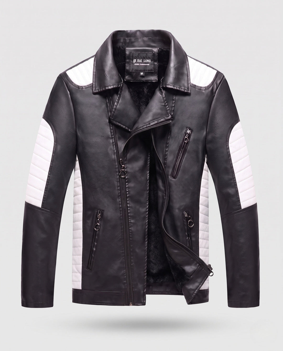 Męska imitacja skóra motorcycle kurtka z stitched kontrastowy panelwg i asymmetrical zamkiem