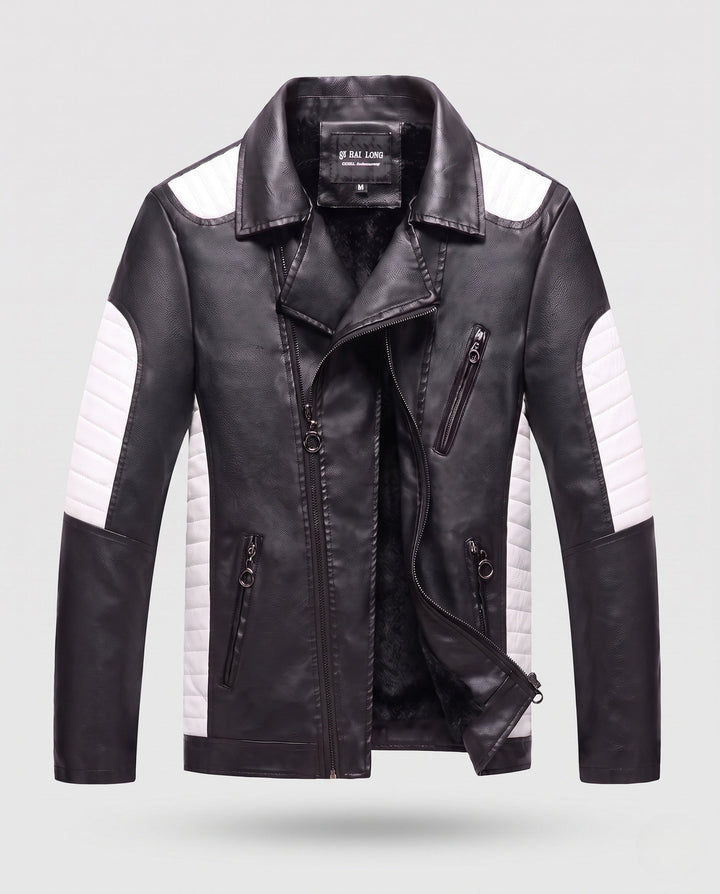 Męska imitacja skóra motorcycle kurtka z stitched kontrastowy panelwg i asymmetrical zamkiem