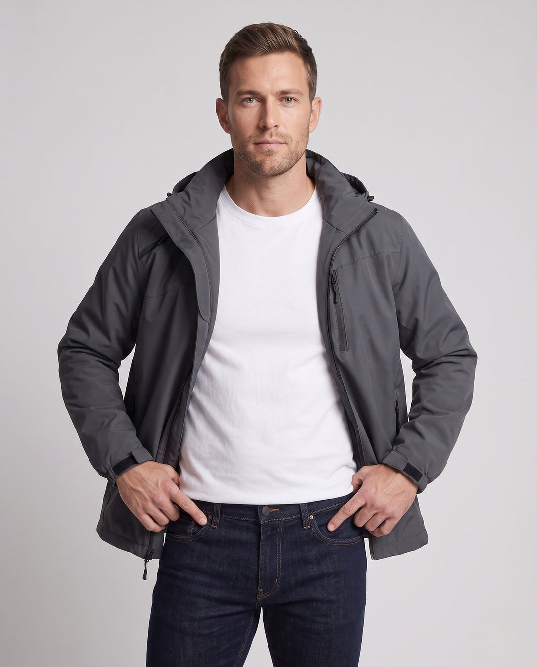 Męska lekka oddychająca kurtka softshell outdoorowy z kapturem i wodoodporny membrana