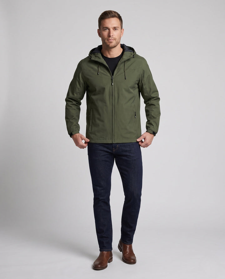 Męska lekka kurtka softshell outdoorowy z regulowany kapturem, wiatroszczelna membrana, i zamkiemed kieszeniami