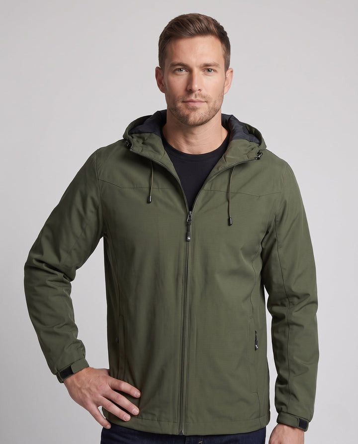 Męska lekka kurtka softshell outdoorowy z regulowany kapturem, wiatroszczelna membrana, i zamkiemed kieszeniami