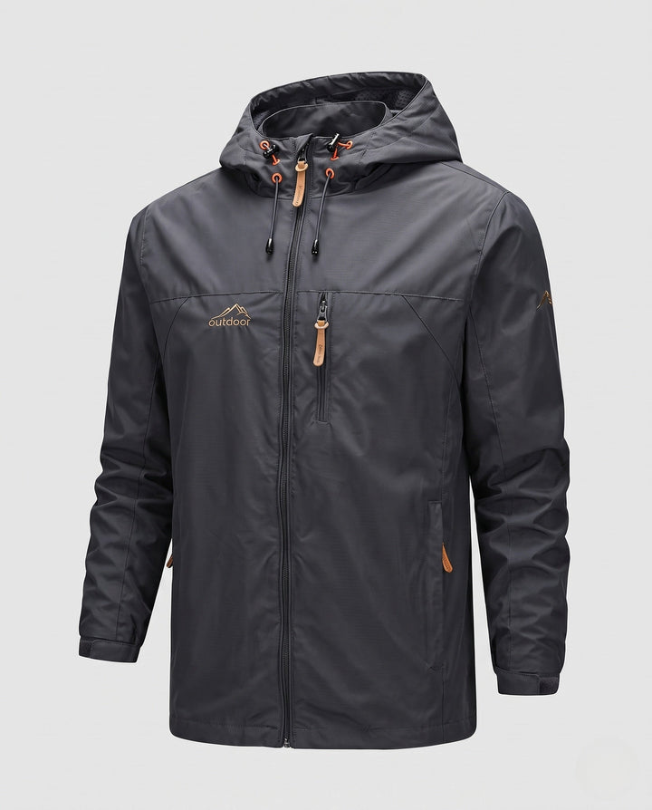 Męska lekka kurtka softshell outdoorowy z regulowany kapturem, wiatroszczelna membrana, i zamkiemed kieszeniami