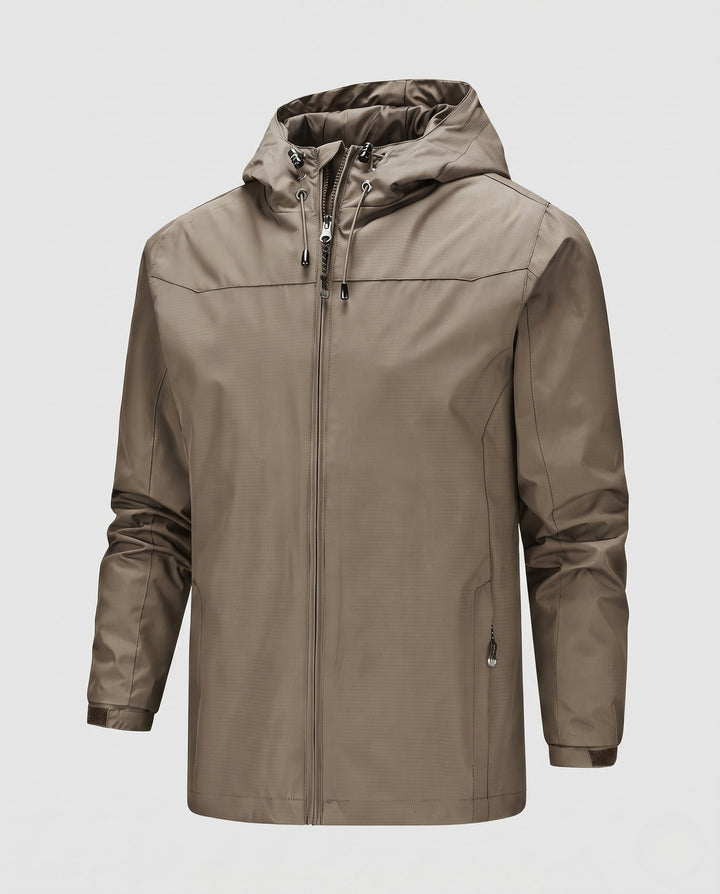 Męska lekka kurtka softshell outdoorowy z regulowany kapturem, wiatroszczelna membrana, i zamkiemed kieszeniami