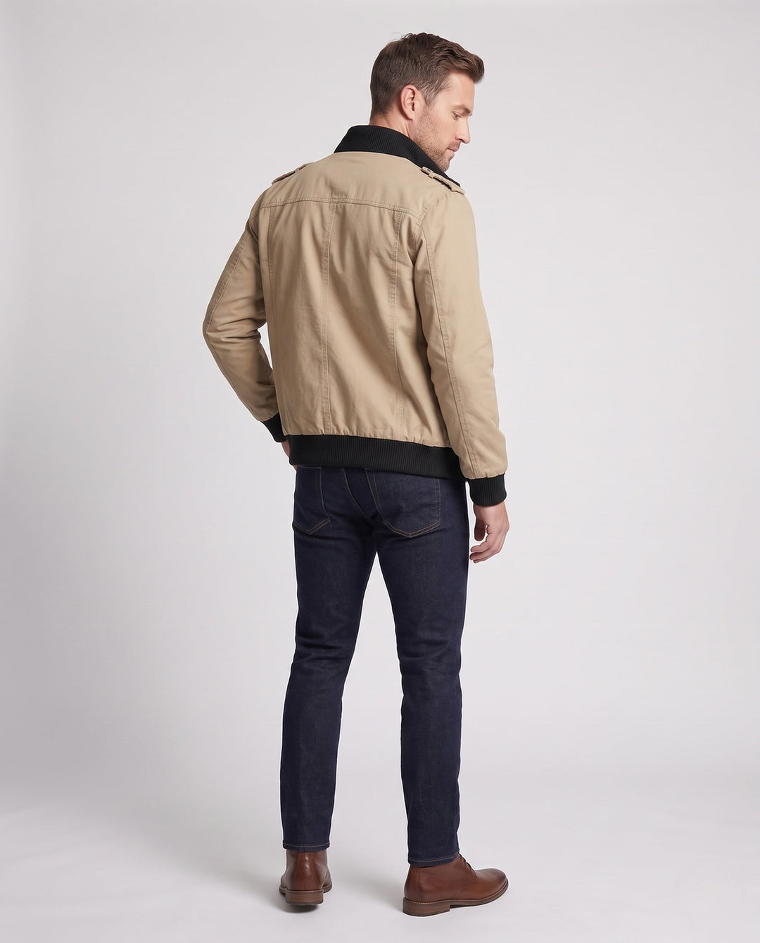 Męska lekka canvas field Blouson z stójką, Shoulder Straps, i kieszeniami z patkami
