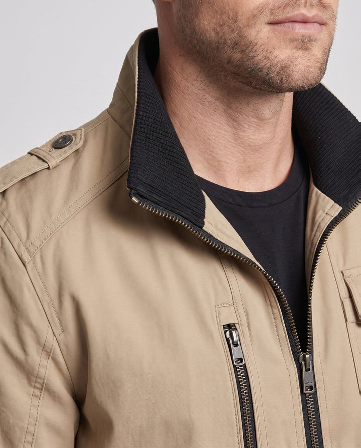 Męska lekka canvas field Blouson z stójką, Shoulder Straps, i kieszeniami z patkami