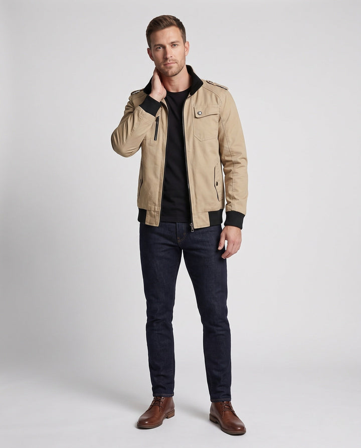 Męska lekka canvas field Blouson z stójką, Shoulder Straps, i kieszeniami z patkami