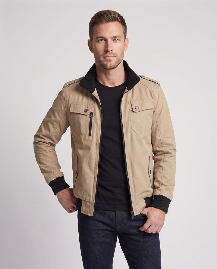 Męska lekka canvas field Blouson z stójką, Shoulder Straps, i kieszeniami z patkami