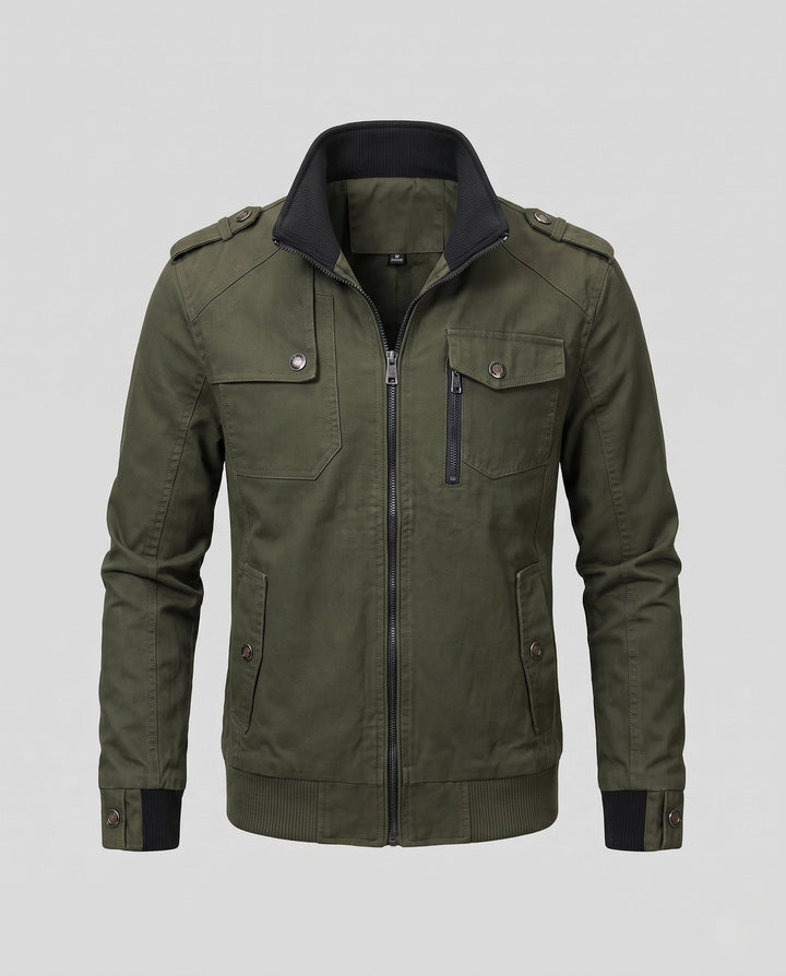 Męska lekka canvas field Blouson z stójką, Shoulder Straps, i kieszeniami z patkami