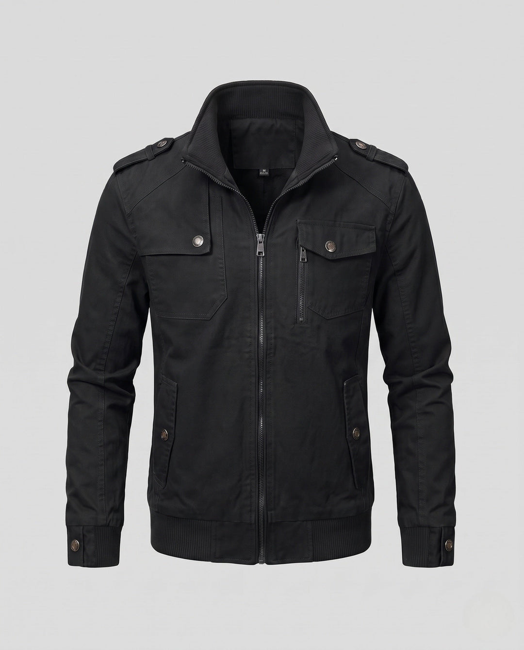 Męska lekka canvas field Blouson z stójką, Shoulder Straps, i kieszeniami z patkami