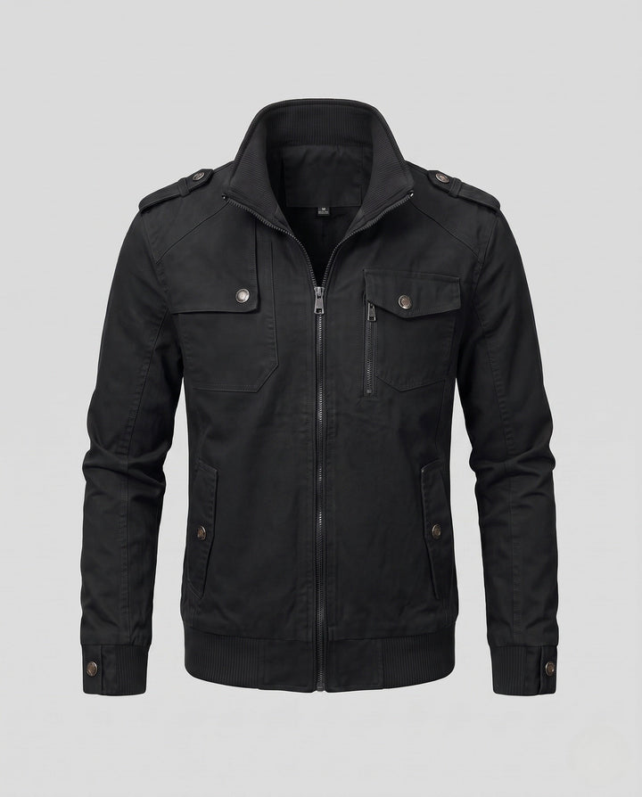 Męska lekka canvas field Blouson z stójką, Shoulder Straps, i kieszeniami z patkami