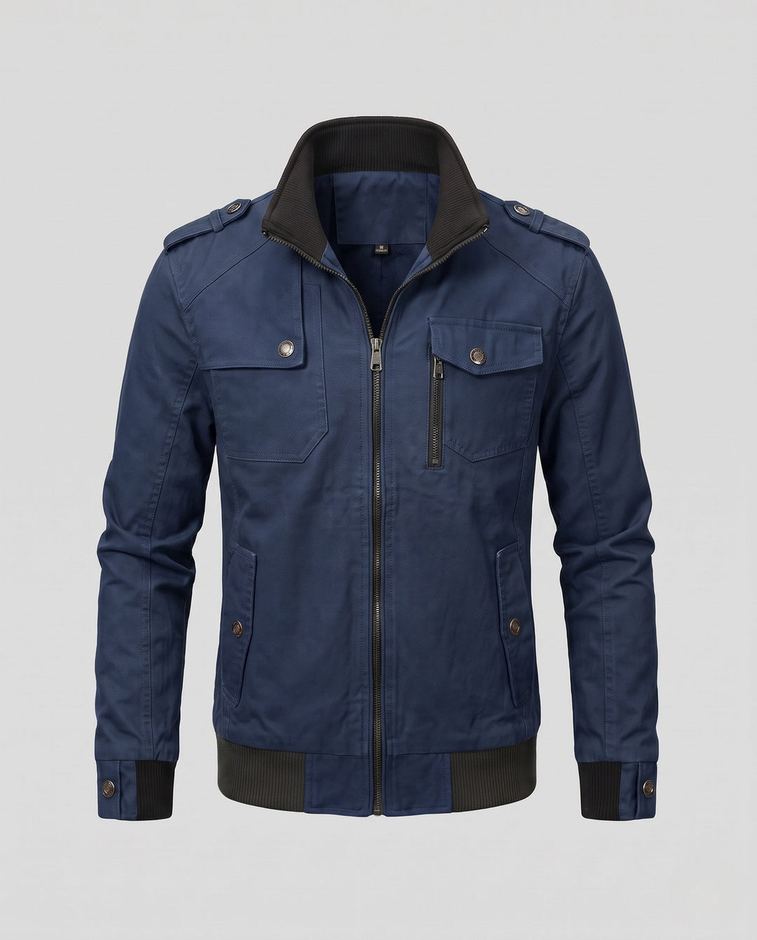 Męska lekka canvas field Blouson z stójką, Shoulder Straps, i kieszeniami z patkami