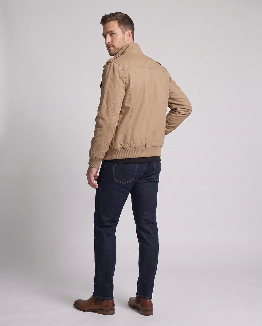 Męska Military canvas field Blouson z Epaulettes, utility kieszeniami i prążkowany dół