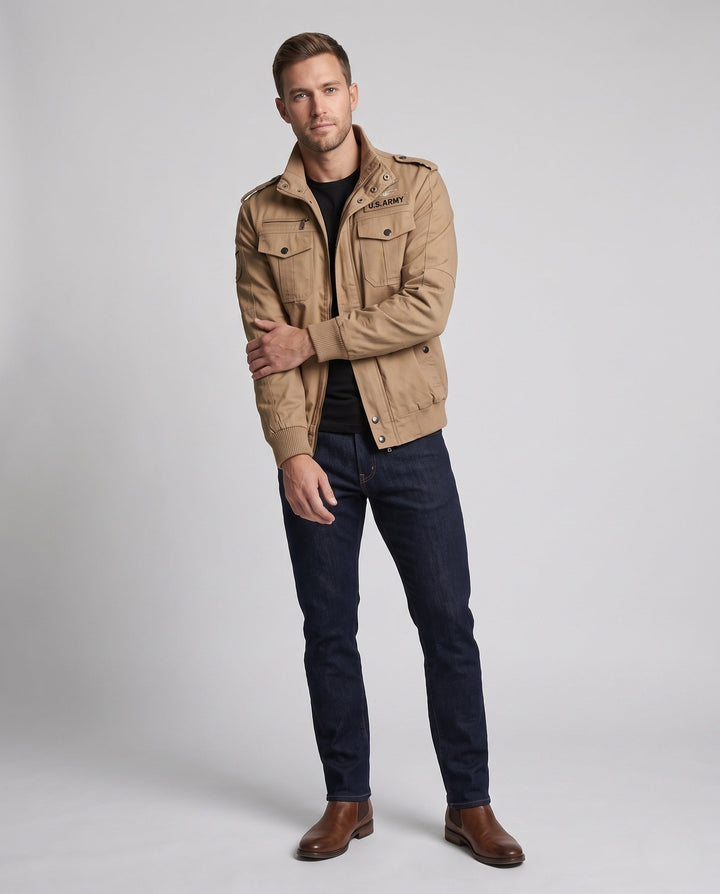Męska Military canvas field Blouson z Epaulettes, utility kieszeniami i prążkowany dół